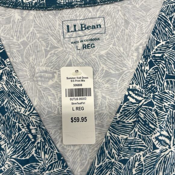 L.L. Bean Summer Knit A-line Dress Women's Large Blue V-Neck - Picture 2 of 4